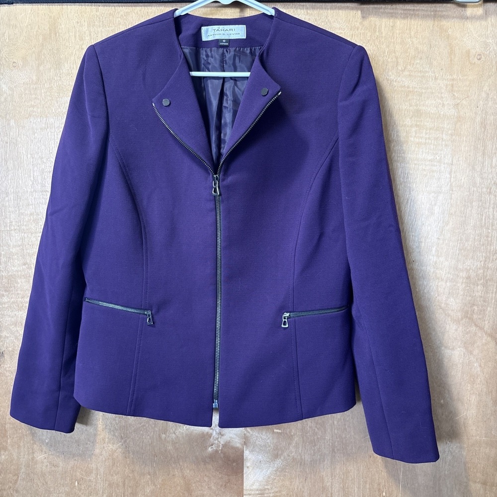 Tahari 6P Purple Blazer W/ 2 Zipper Pockets Zipper Front Fold Down Collar Size10